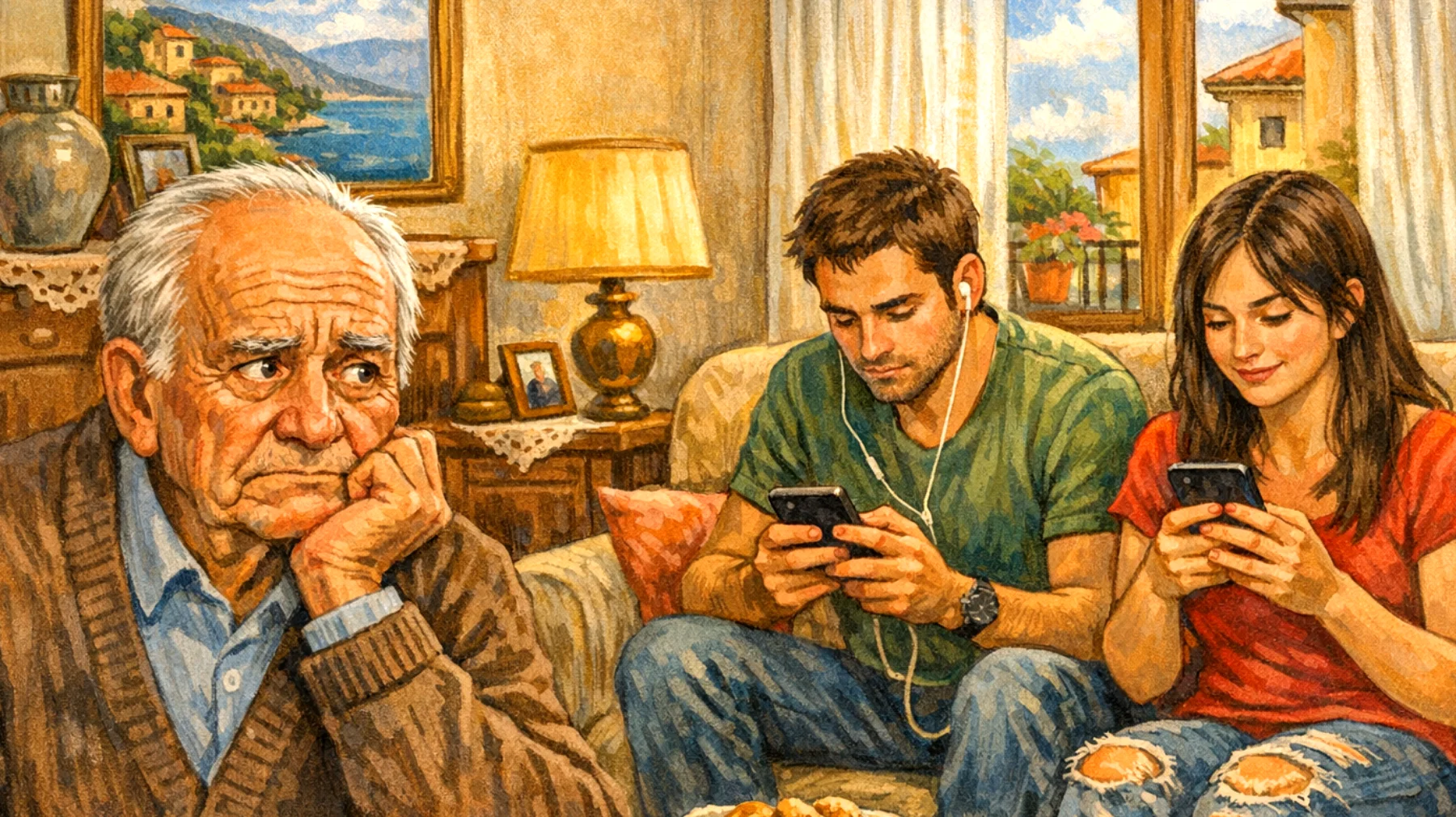 Il nonno si preoccupa per l'uso scorretto e rischioso dei social media da parte dei nipoti giovani adulti, sentendosi impotente nel proteggerli da contenuti inappropriati, esposizione eccessiva della privacy e possibili truffe online, con difficoltà nel dialogare su questi temi per il divario generazionale."