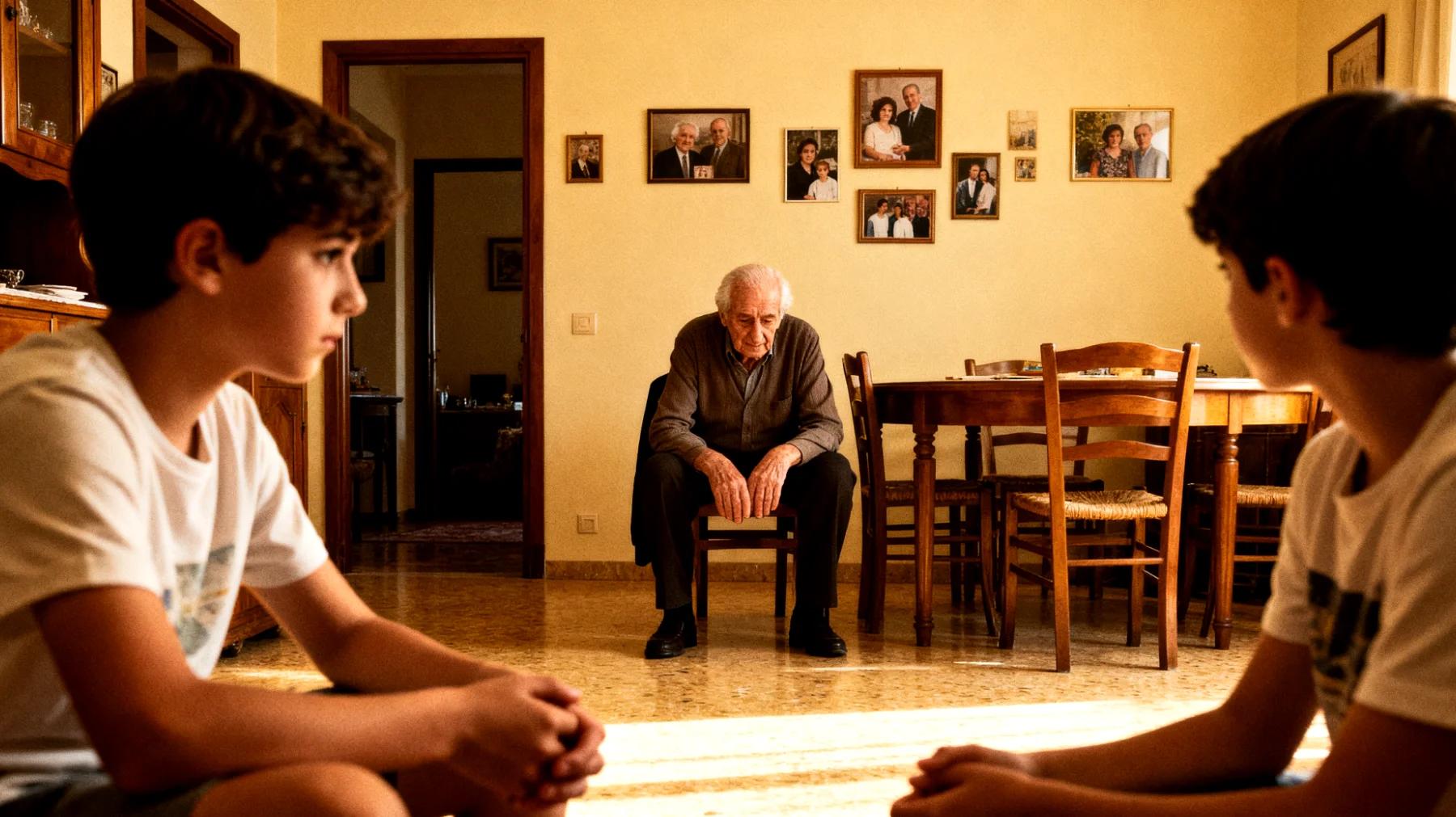 Il nonno fatica a creare un dialogo affettivo profondo con i nipoti bambini, limitandosi a interazioni superficiali e pratiche senza riuscire a esprimere emozioni, raccontare vissuti personali o creare momenti di reale condivisione emotiva."